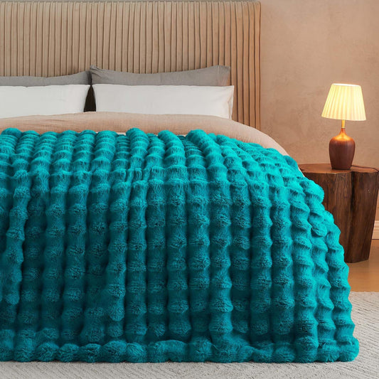 Lotus Karen Faux Fur Throw Blanket Teal - Big Bubble Rabbit Fluff Blanket for Couch Bed Sofa,Softest Fluffy Fuzzy Cozy Blanket,Thick Furry Plush Shaggy Warm Blankets for Women,90x90 Inches