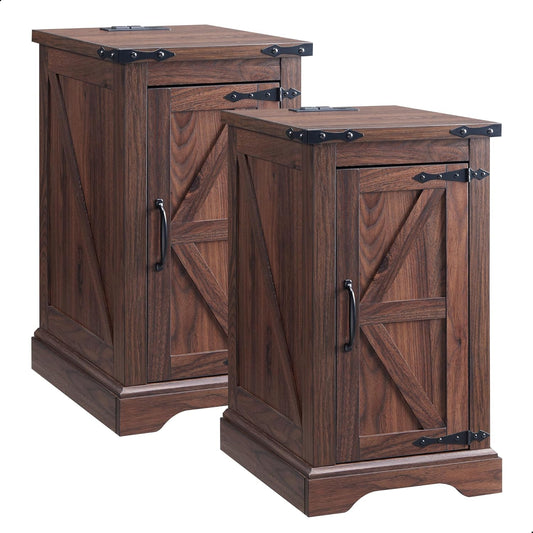 JXQTLINGMU Farmhouse Nightstand Set of 2 with Charging Station, 17" D Rectangular End Table with Barn Door & Adjustable Storage Shelf, Wood Rustic Sofa Side Table for Living Room, Bedroom, Brown