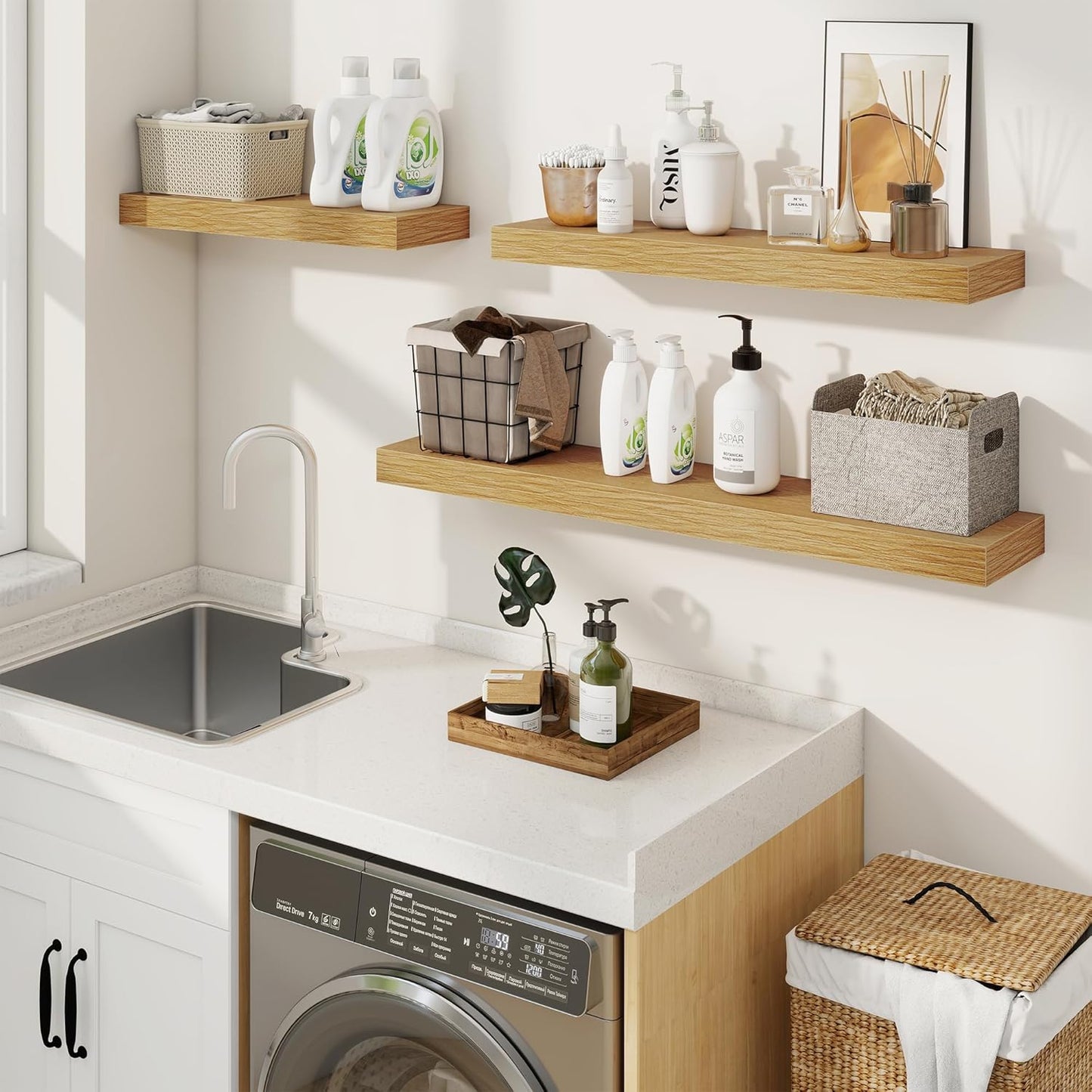 fuqing Floating Shelves for Wall, Bathroom Shelf Wall Mounted for Storage, Shelves with Invisible Bracket for Bedroom, Kitchen, Living Room, Farmhouse Small Book Shelf, 48 Inch Set of 2, Oak