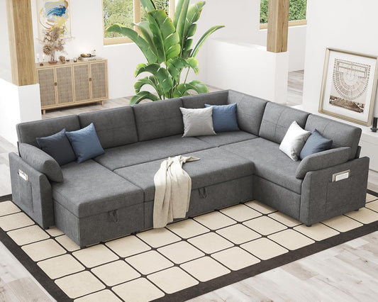 VanAcc Pull Out Sofa, 112 Inch Oversized U Shape Sleeper Sofa Couch with Storage Chaise & 3 Seater, Comfy Couch with Pull Out Bed for Living Room, Grey Linen