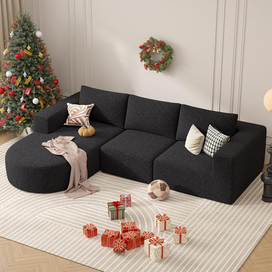 Modular Sectional Sofa with L-Shape Chaise,Cloud Sectional Modern Sleeper Couch with Deep Seat,Sponge Compression Sofas No Assembly Required (Black-Sherpa Fabric) 1PCS