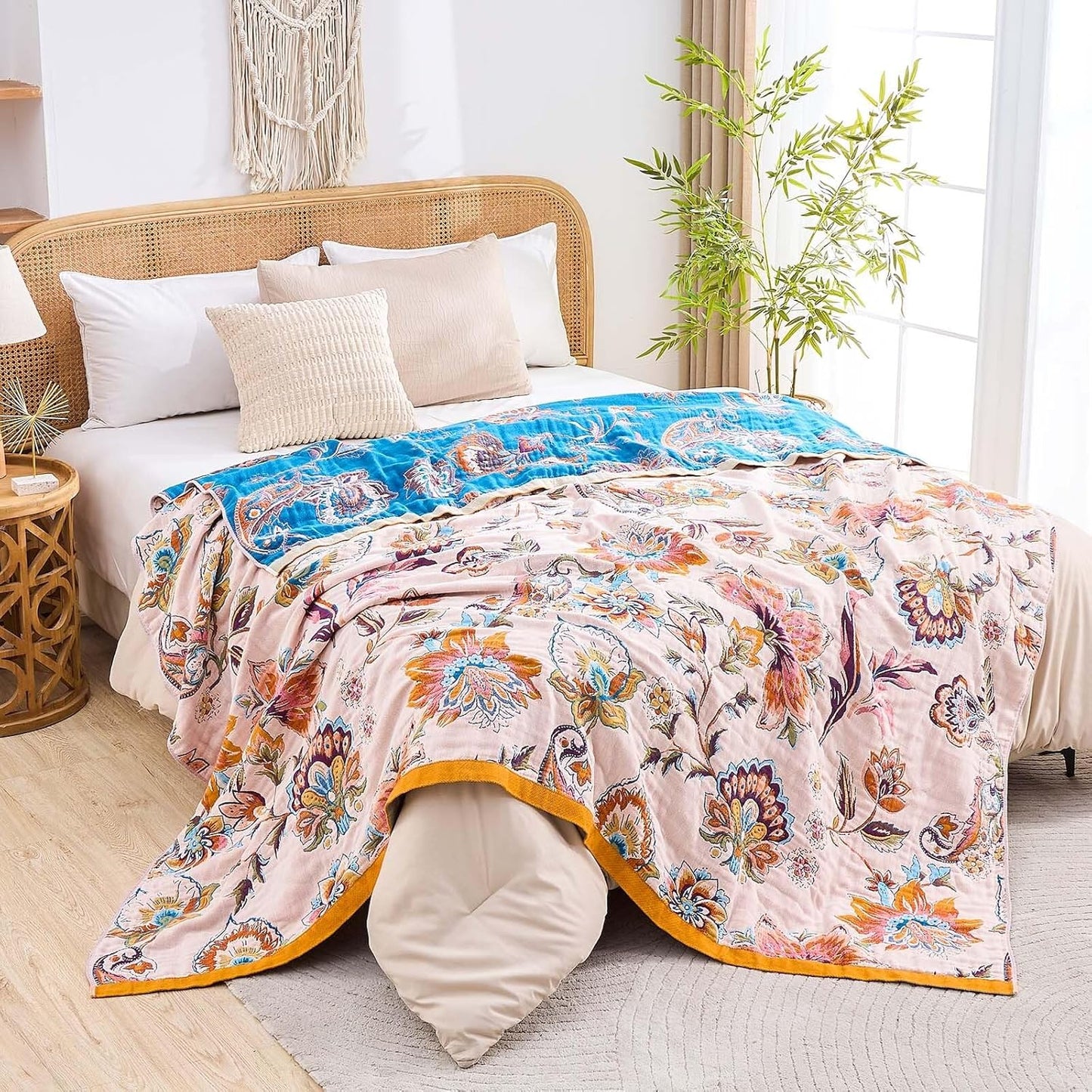Boho Throw Blanket for Bed, 100% Cotton Soft Rustic Quilt Fall Blanket, 60"x80" Floral Printed Farmhouse Decor Bed Blankets, All Season Rustic Reversible Bohemian Throw Quilt