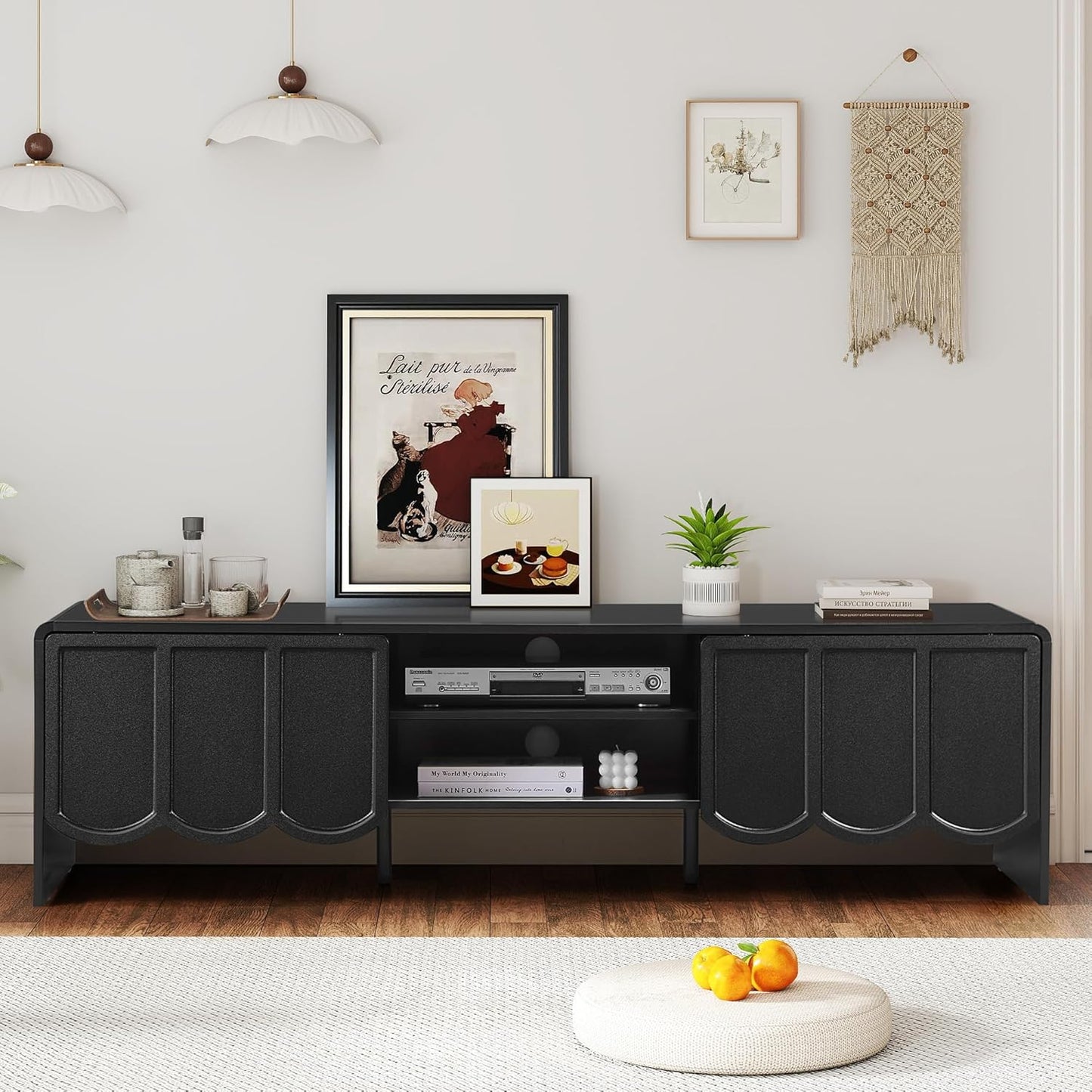 ORRD 63'' TV Stand, Modern TV Console Table Wave Panel Television Stands Entertainment Media Center with Storage Compartment and Sliding Door for Living Room (Black)