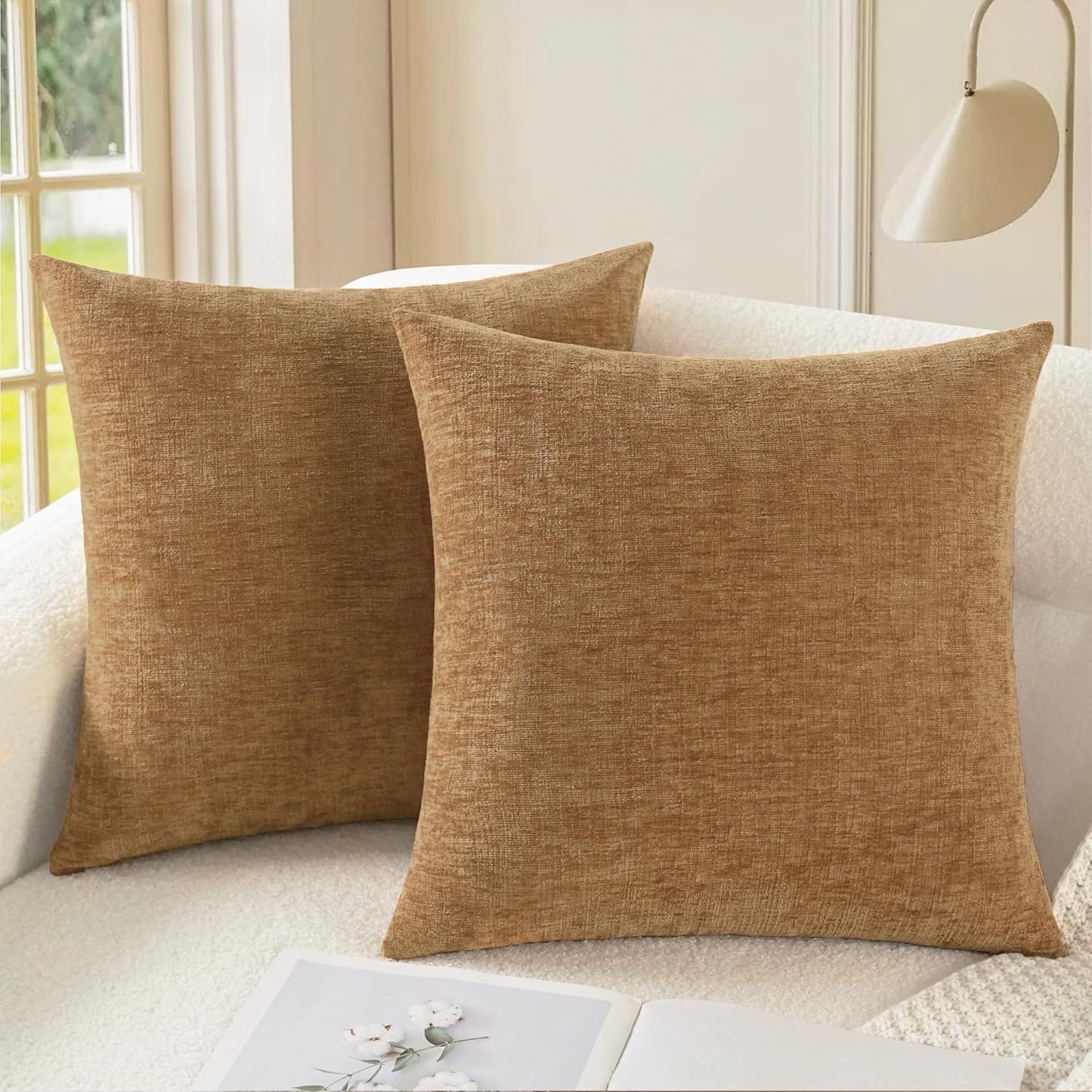CaliTime Throw Pillow Covers Decorative 20 X 20 Inches Pack of 2 Cozy Chenille Cushion Cases for Couch Sofa Bed Living Room Home Apricot Brown