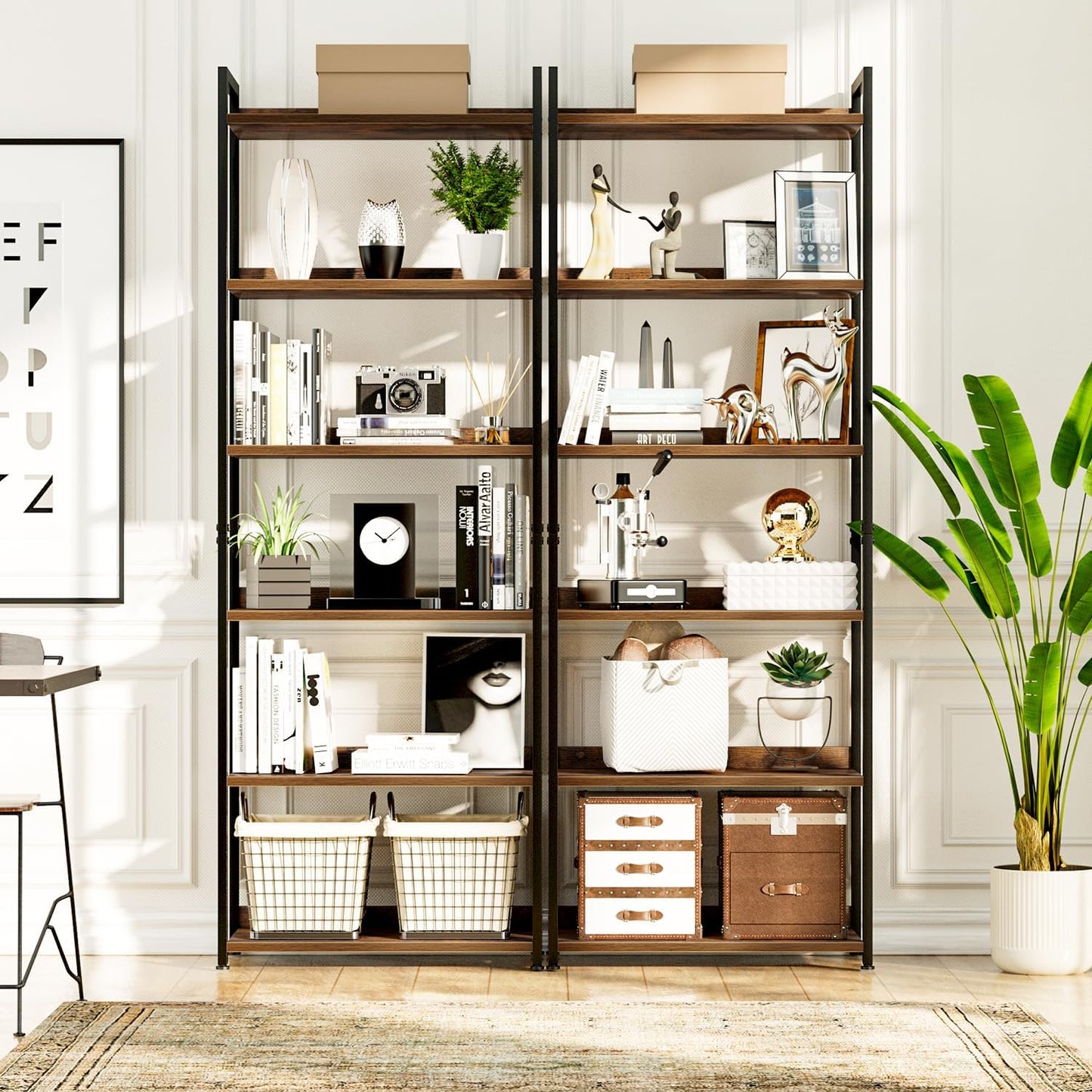 NUMENN Bookshelf, 6 Tier Bookshelves, Home Office Bookcase Shelf Storage Organizer, Free Standing Storage Shelving Unit for Bedroom, Living Room and Home Office, Vintage