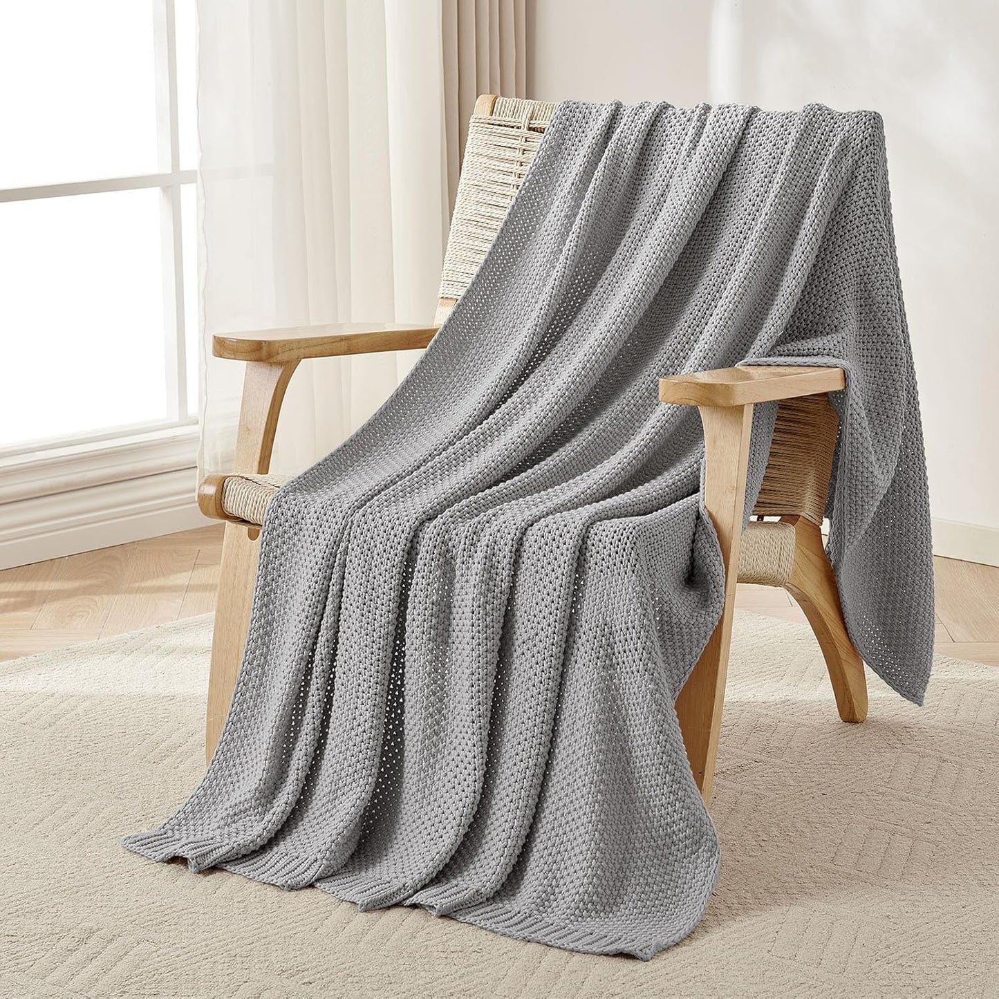 Joydeco Chunky Cable Knit Throw Blanket, Lightweight 100% Cotton Soft Cozy Throw Twin Blanket for Couch Bed and Sofa, Rustic Breathable Farmhouse Blanket Gift for Women Men(Grey, 60"x80")