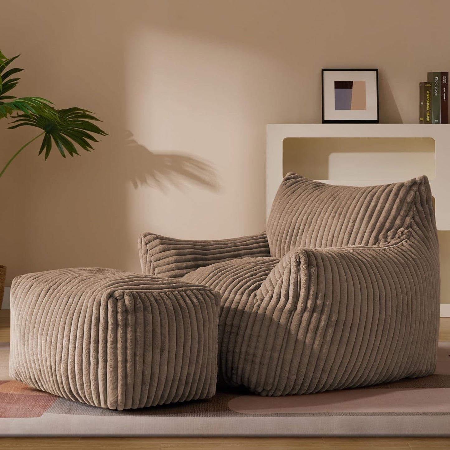 Oversized Bean Bag Chaise Lounge Chair Indoor for Adults with Armrests & Ottoman - Giant Comfy Khaki Beanbag Floor Sofa Cloud Accent Chair for Reading, Gaming, Cozy Plush Cloud Mini Couch