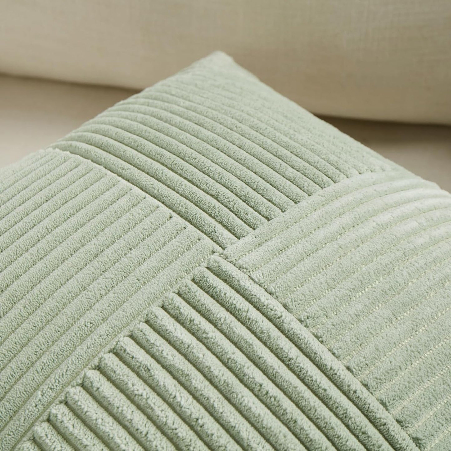 Fancy Homi 2 Packs Sage Green Samll Decorative Throw Pillow Covers 14x14 Inch with for Couch Bed Sofa, Rustic Farmhouse Boho Home Decor, Soft Corss Patchwork Corduroy Square Cushion Case 35x35 cm