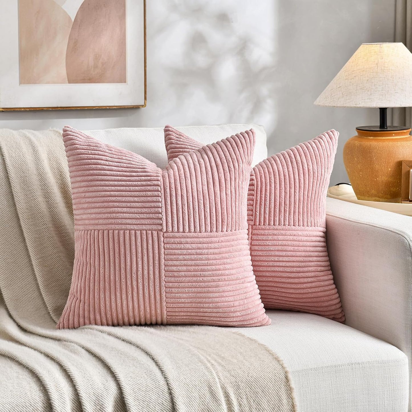 Fancy Homi 2 Packs Blush Pink Samll Decorative Throw Pillow Covers 14x14 Inch with for Couch Bed Sofa, Rustic Farmhouse Boho Home Decor, Soft Corss Patchwork Corduroy Square Cushion Case 35x35 cm