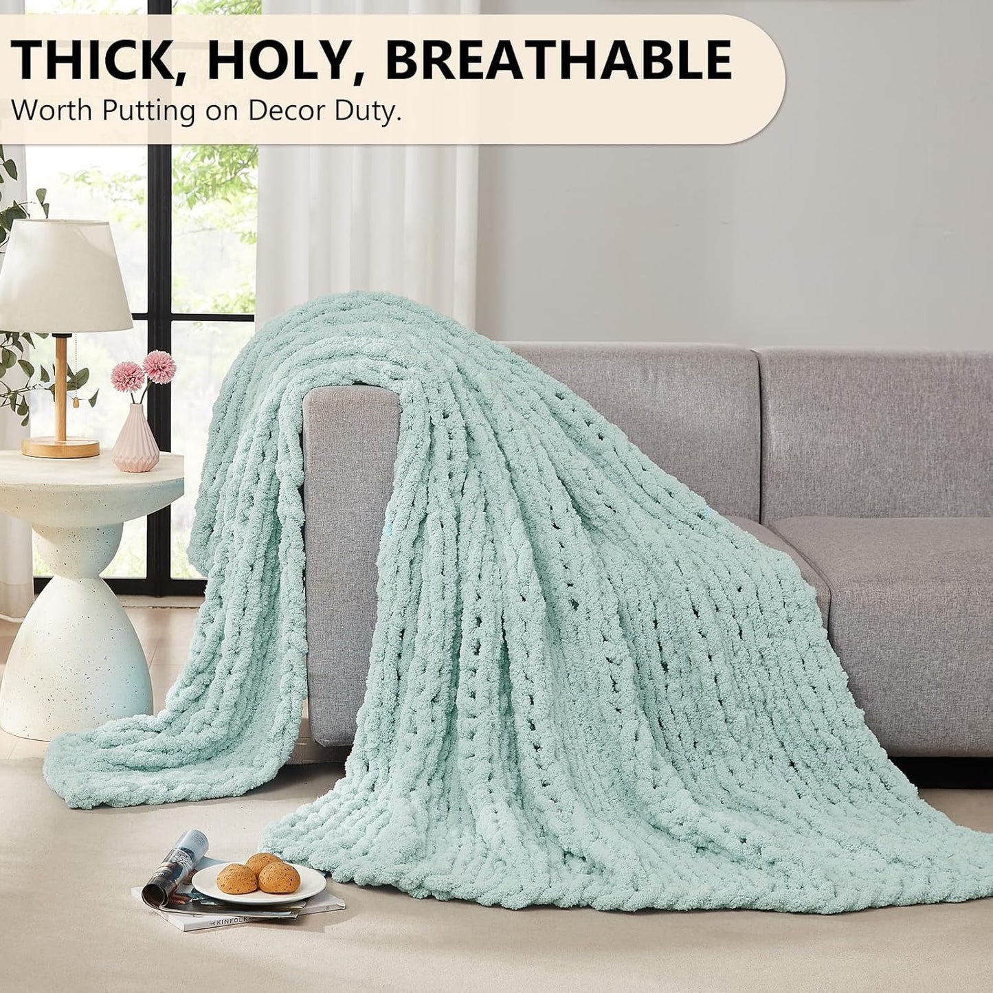 L'AGRATY Chunky Knit Blanket Throw: 50''x60'' Chenille Chunky Knitted Throw Blanket for Bed Couch - Handmade Thick Big Cable Knit Blanket - Large Crochet Rope Blanket for Home Decor(Mint Green)