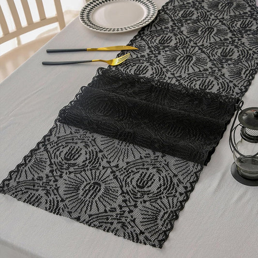 Halloween Black Lace Table Runner Ghost Hand Pattern Gothic Table Decorations Fireplace Mantel Scarf Halloween Indoor Party Tabletop Decor Supplies for Home Party 12×71 Inches