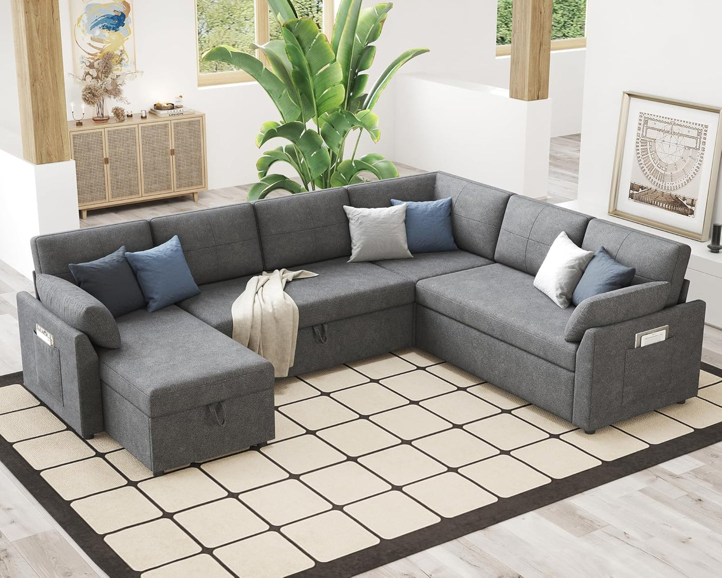 VanAcc Pull Out Sofa, 112 Inch Oversized U Shape Sleeper Sofa Couch with Storage Chaise & 3 Seater, Comfy Couch with Pull Out Bed for Living Room, Grey Linen