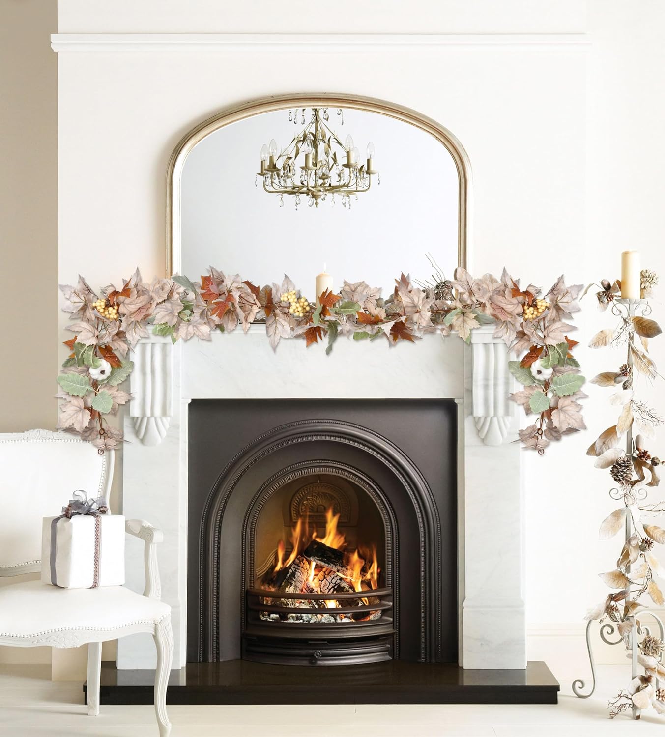 DearHouse Fall Maple Leaf Garland, 5.9Ft Hanging Vine Artificial Autumn Foliage for Thanksgiving, Home, Wedding, Fireplace, Party, Christmas Decor (White)