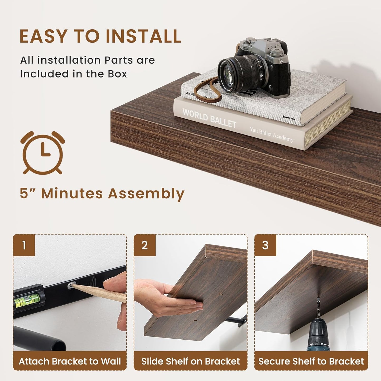fuqing Floating Shelves for Wall, Bathroom Shelf Wall Mounted for Storage, Shelves with Invisible Bracket for Bedroom, Kitchen, Living Room, Farmhouse Small Book Shelf, 55 Inch Set of 2, Walnut