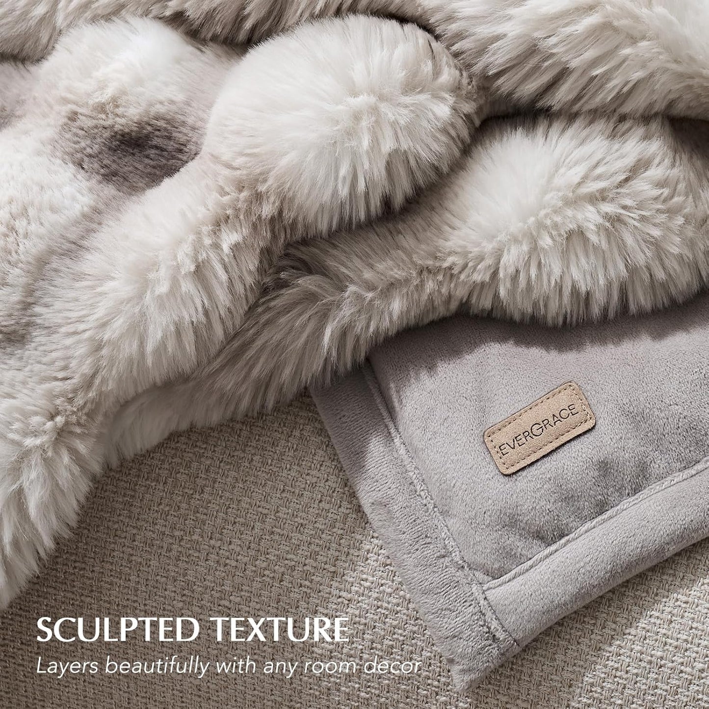EVERGRACE Ultra Soft Luxury Fluffy Ridgeline Faux Rabbit Fur Throw Blanket, Thick Warm Bubble Throw for Bed, Cozy Plush Reversible Blankets for Couch, Chair, Sofa, Light Grey, 50x60 Inches, 870 GSM