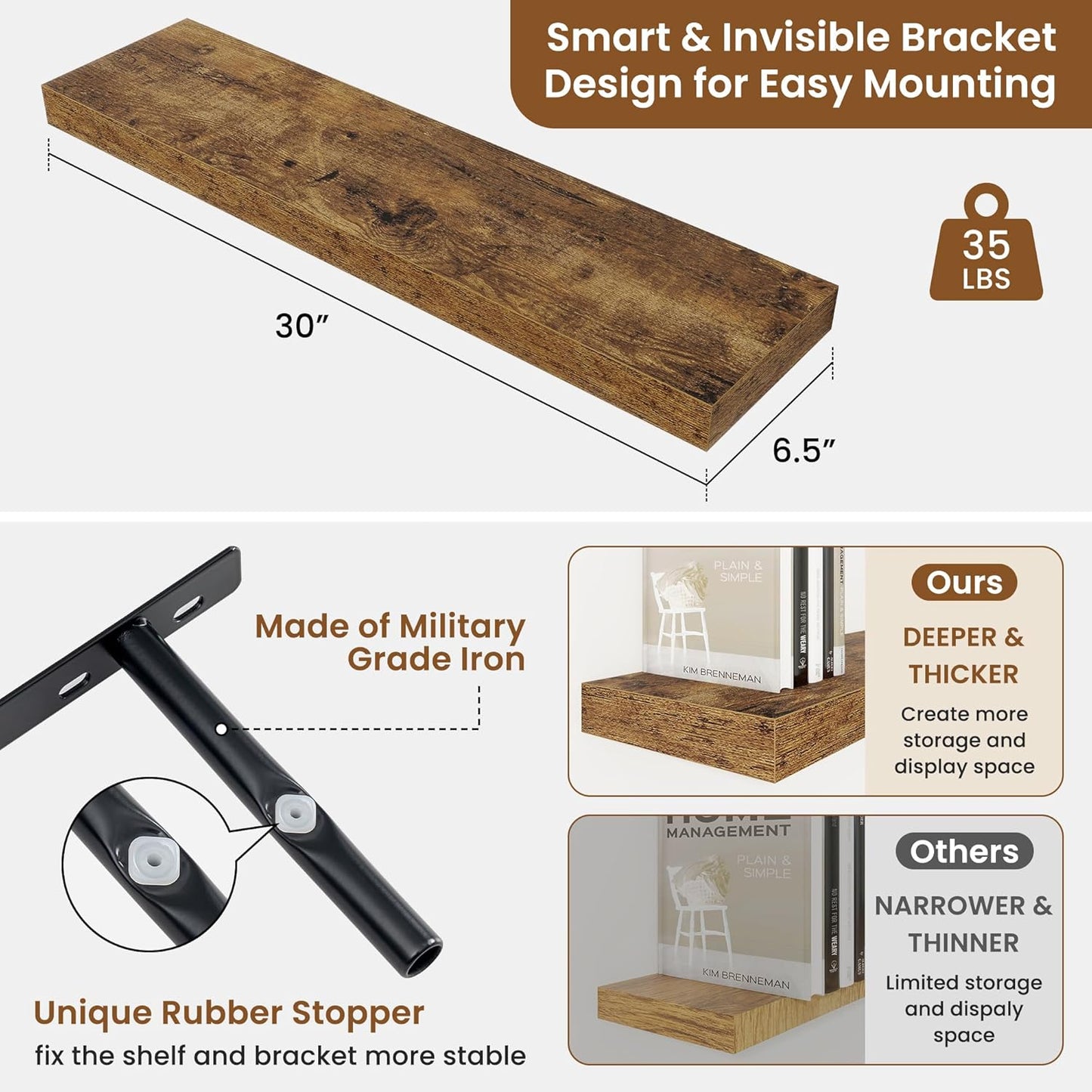 fuqing Floating Shelves for Wall, Bathroom Shelf Wall Mounted for Storage, Shelves with Invisible Bracket for Bedroom, Kitchen, Living Room, Farmhouse Small Book Shelf, 30 Inch Set of 2, Rustic Brown