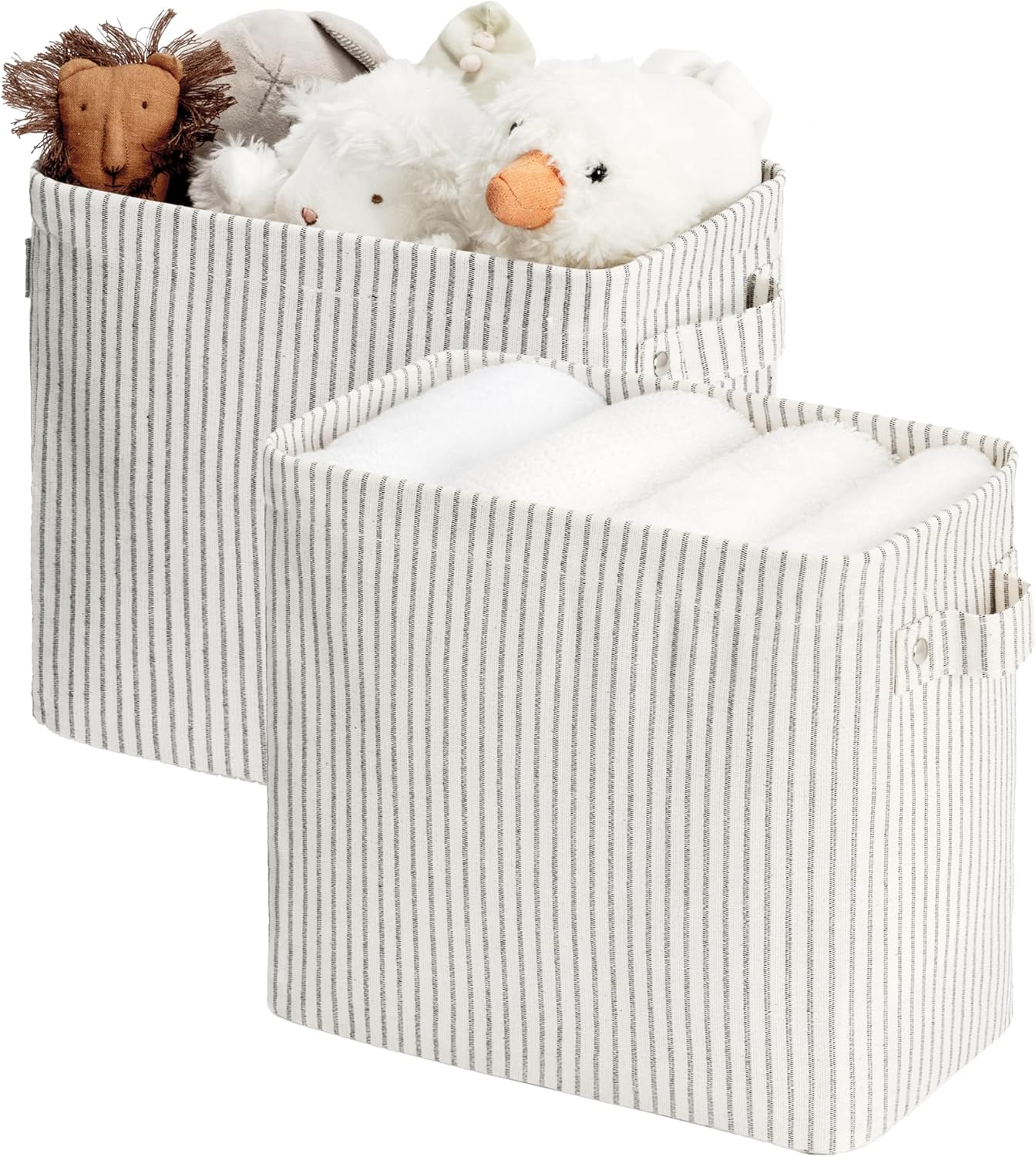 StorageWorks Narrow Storage Bins, Small Basket for Closet and Shelves, Rectangular Fabric Organizer with Handles, Toilet Paper Storage, Gray and White Stripes, 2-Pack
