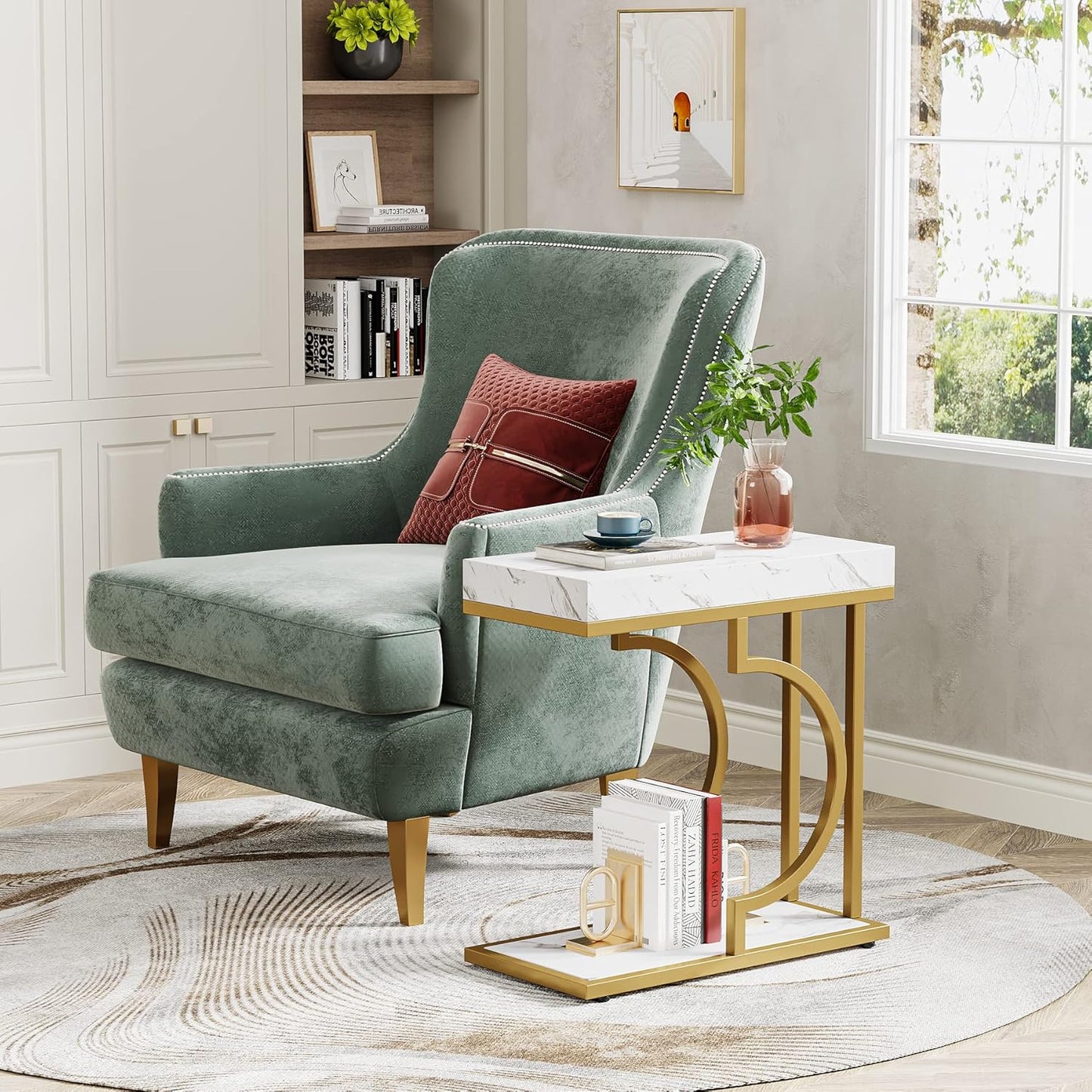 Tribesigns Narrow Side Table White Gold C Shaped End Table Modern Bedside Tables Small Chairside Table for Couch, Sofa Table with Metal Frame for Living Room (1, White+Gold)