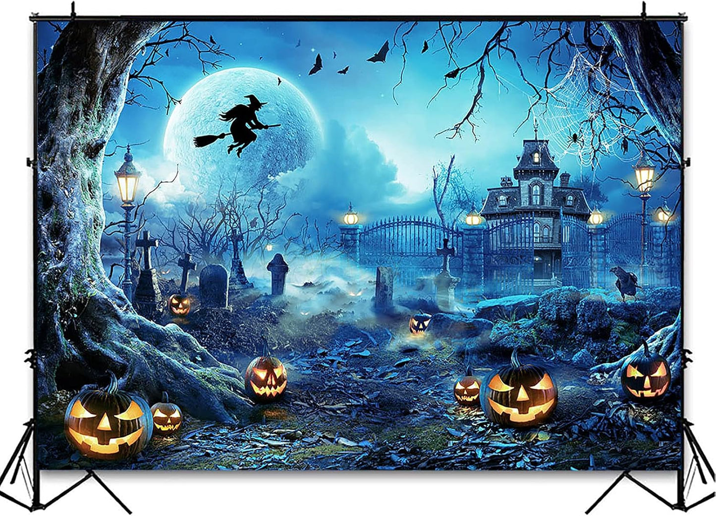 Avezano Halloween Photography Backdrop Full Moon Scary Night Castle Pumpkins Party Background Spooky Witch Bats Cemetery Child Kids Halloween Party Decorations Photoshoot Backdrops (10x7ft, Blue)