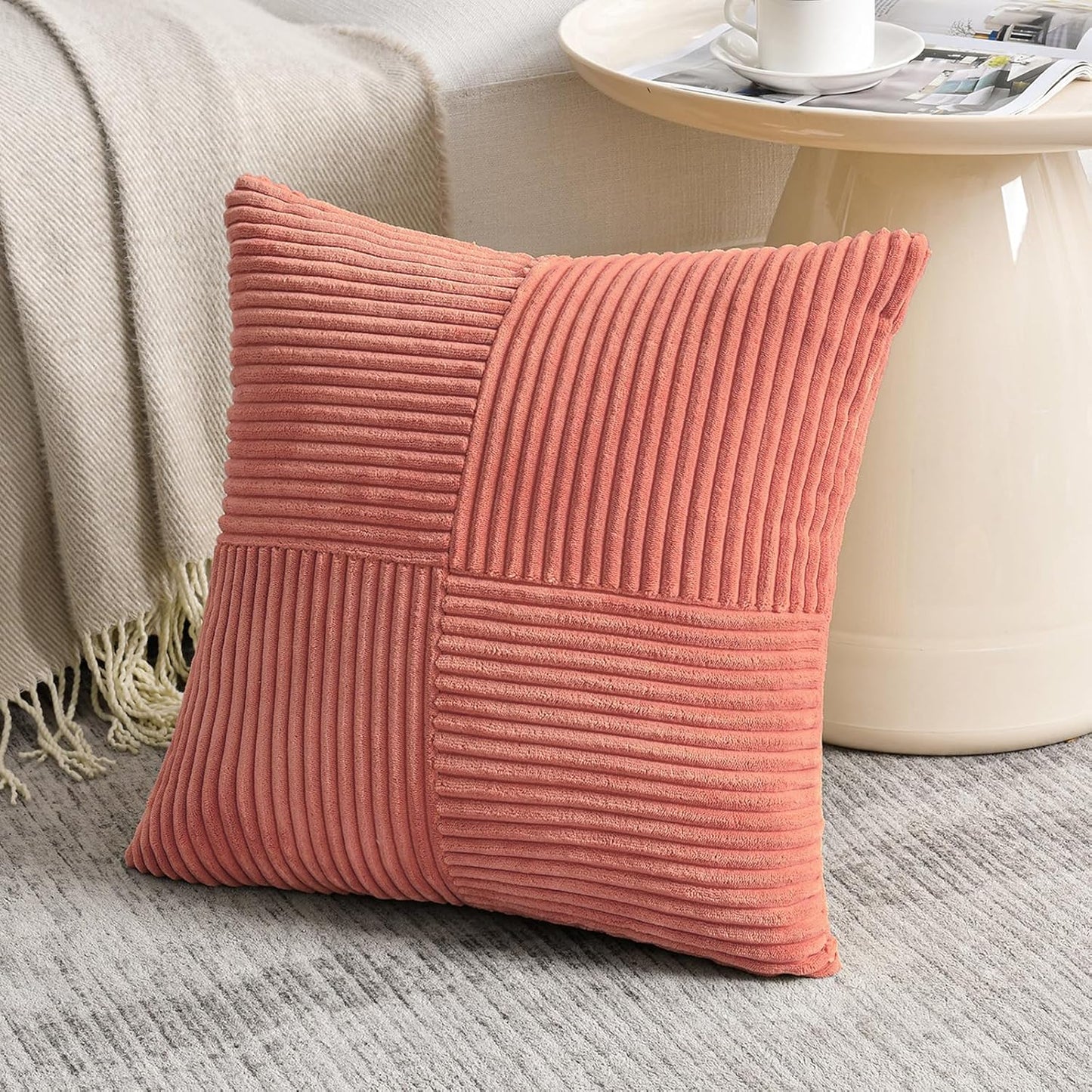 Fancy Homi 2 Packs Coral Decorative Throw Pillow Covers 16x16 Inch for Living Room Couch, Rustic Farmhouse Boho Home Decor, Soft Corss Patchwork Corduroy Textured Square Peach Cushion Case 40x40 cm