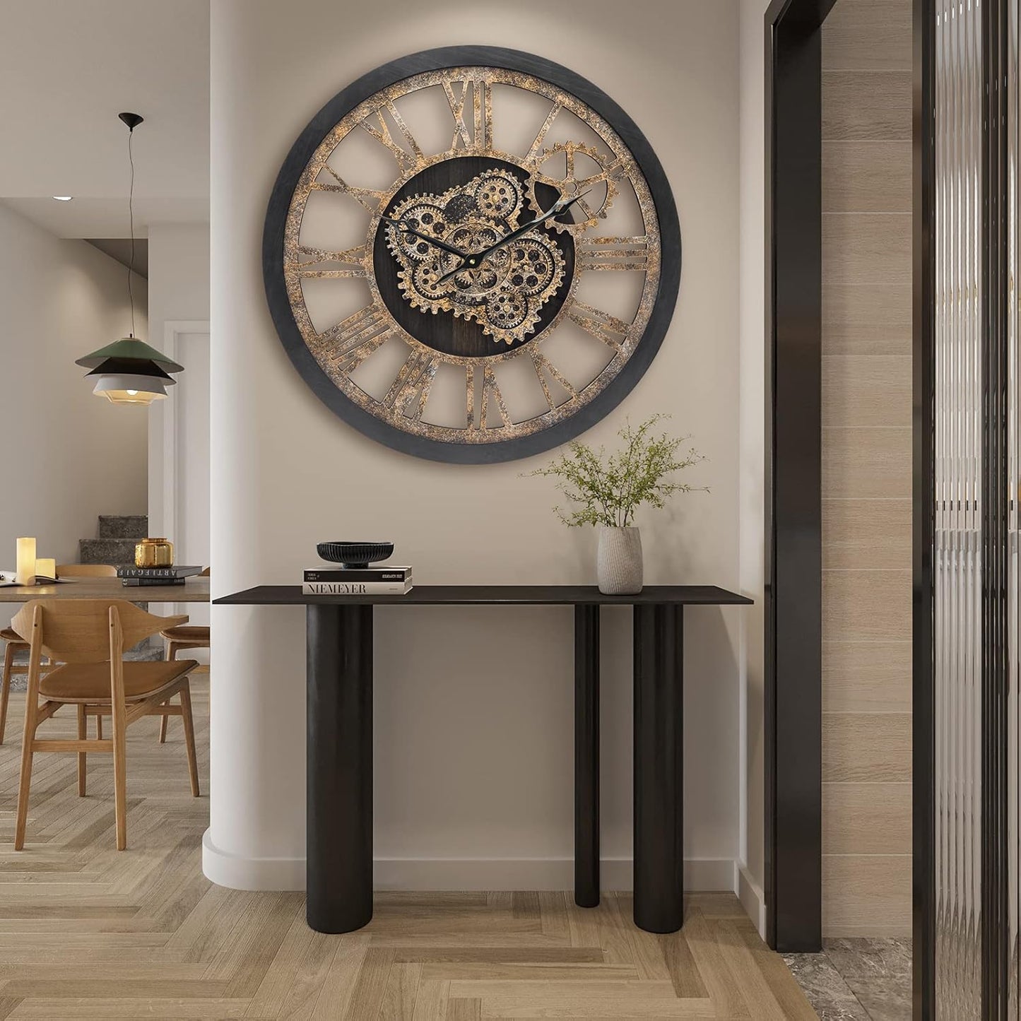HOIBAI Large Wall Clock, 24 Inch Wall Clocks for Living Room Decor Farmhouse Vintage Rustic Kitchen Wall Decor Vintage Roman Big Oversized Wall Clock for Home Bedroom House Office, Moving Gears Clock