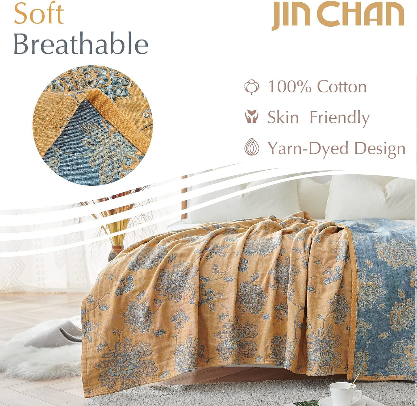 jinchan Boho 100% Cotton Muslin Queen Size 80x90 Inches Blanket Lightweight 4-Layer Quilted Soft Yellow and Blue Floral Throw Blanket Reversible Comfy Flower Rustic All Seasons Couch Bedroom Decor