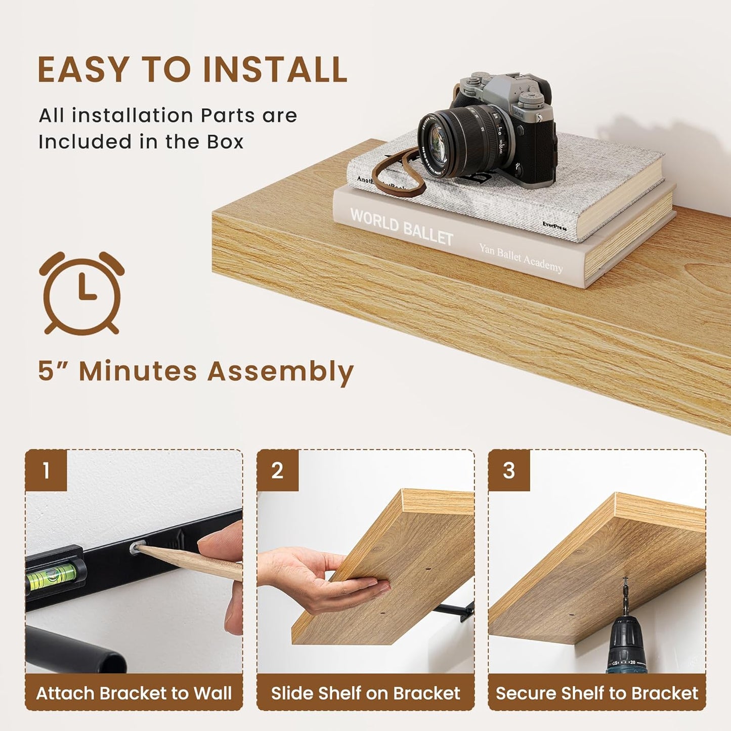 fuqing Floating Shelves for Wall, Bathroom Shelf Wall Mounted for Storage, Shelves with Invisible Bracket for Bedroom, Kitchen, Living Room, Farmhouse Small Book Shelf, 16 Inch Set of 2, Oak