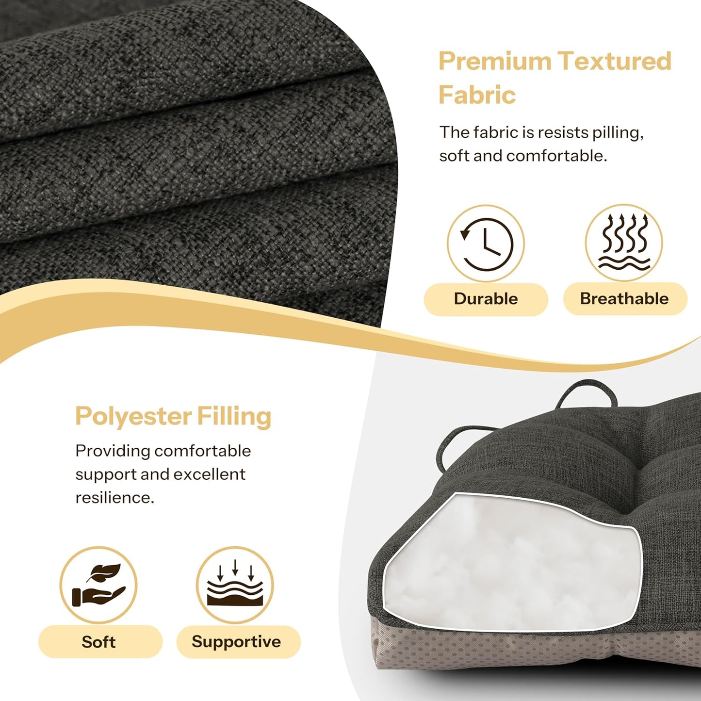 Non Slip Chair Cushions for Dining Chairs Set of 4 Kitchen Chair Cushions 18"x18"x3" Turfted Chair Pads Comfortable and Soft Seat Cushion with Ties, Dark Grey