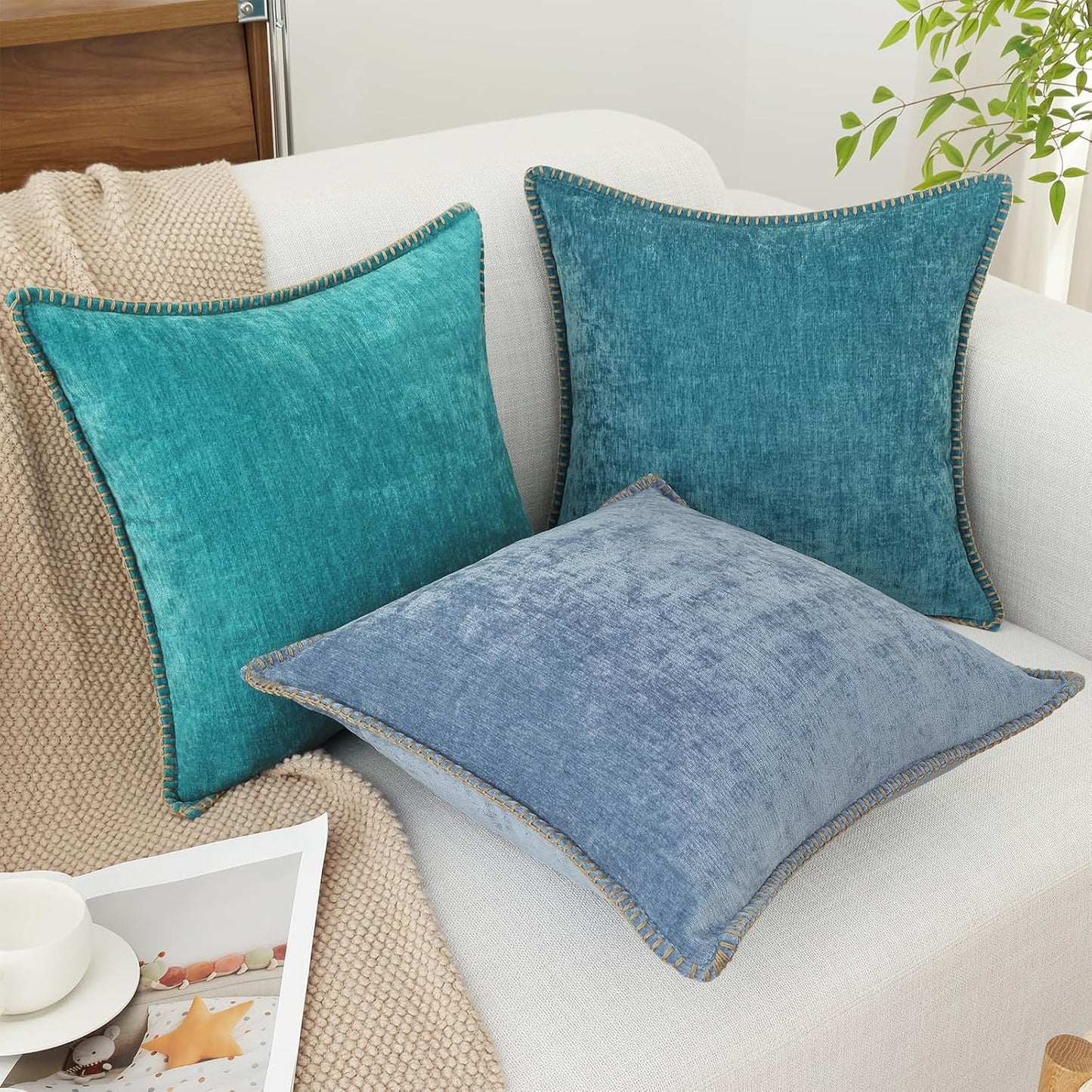 decorUhome Chenille Soft Throw Pillow Covers 16x16 Set of 2, Farmhouse Velvet Neutral Decorative Euro Pillow Covers with Stitched Edge for Couch Sofa Bed Home Decor, Turquoise