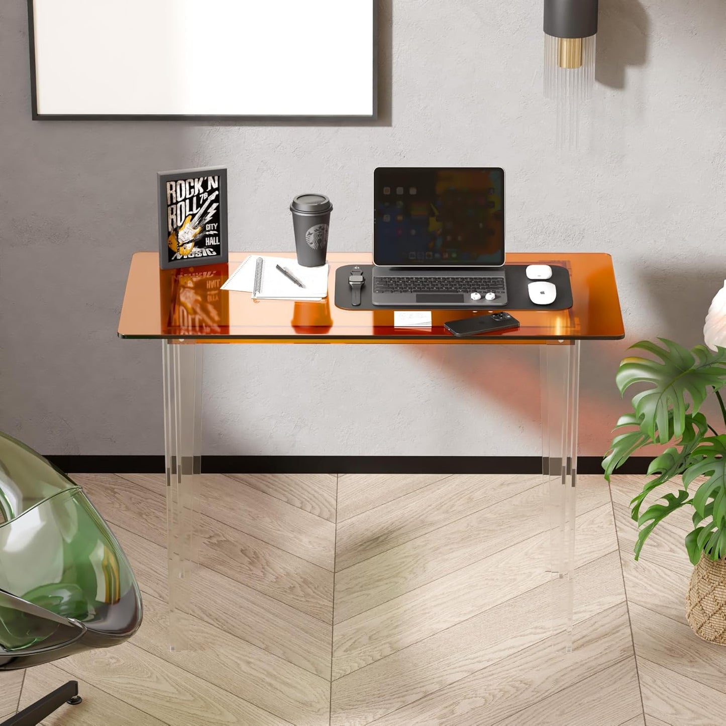 Acrylic Desk, Modern Study Table for Home Office - Extended Surface Multi-Purpose Console & Entryway Table, Sturdy Lightweight Design (42.5-inch, Orange)