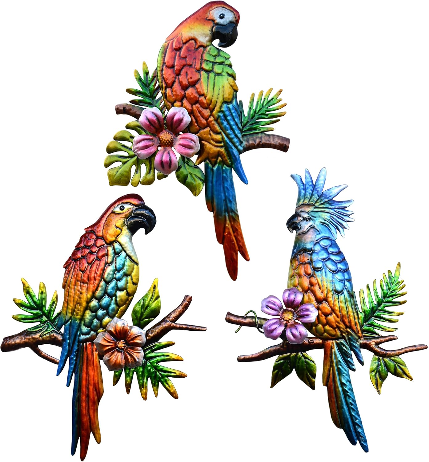 J-Fly Parrot Tropical Wall Art Decor - 3 Hanging Sculptures, Metal, 12" x 8.5", Indoor Kitchen Living Room Wall Mount, Unframed, Glossy, Tropical Style, 3.0 Count