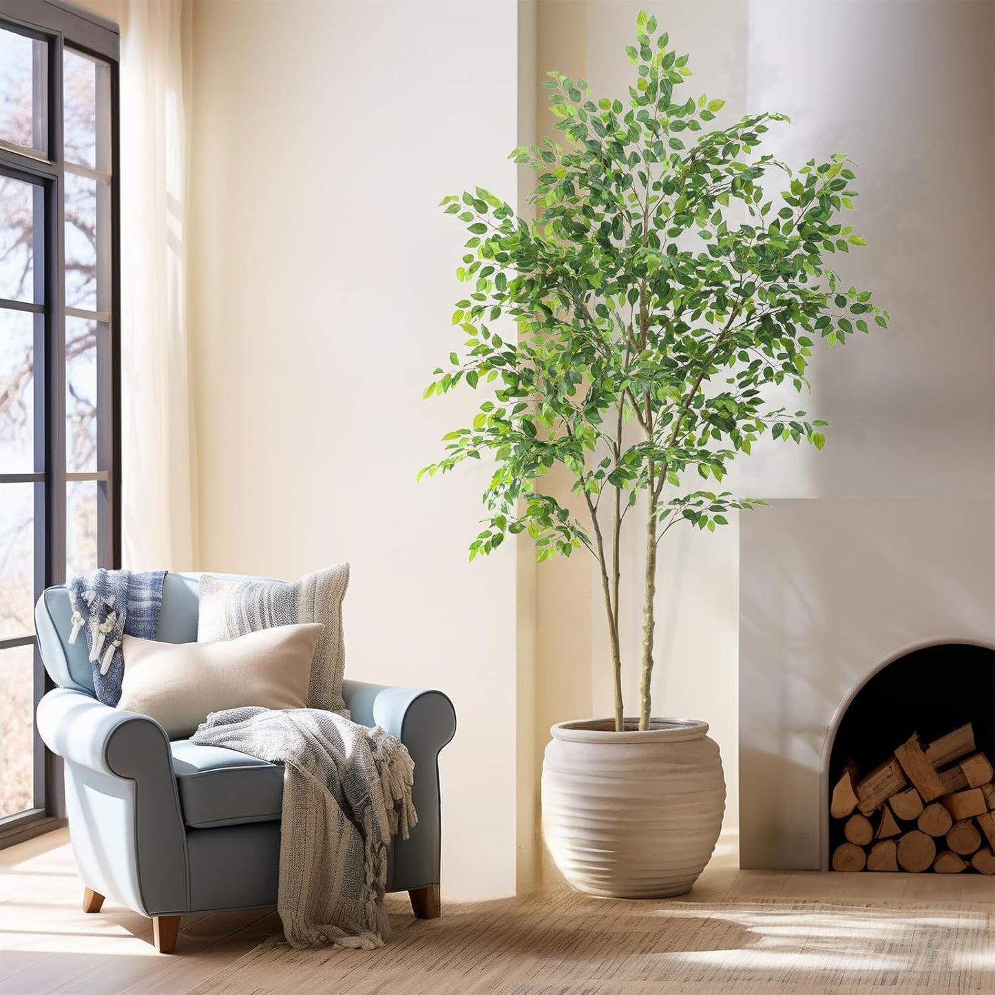 Tall UV Resistant Ficus Tree Artificial，8ft(96in) Realistic Texture Potted Faux Ficus Tree， Fake Trees Indoor Outdoor for Home Office Living Room Bedroom Foyer Porch Decor.