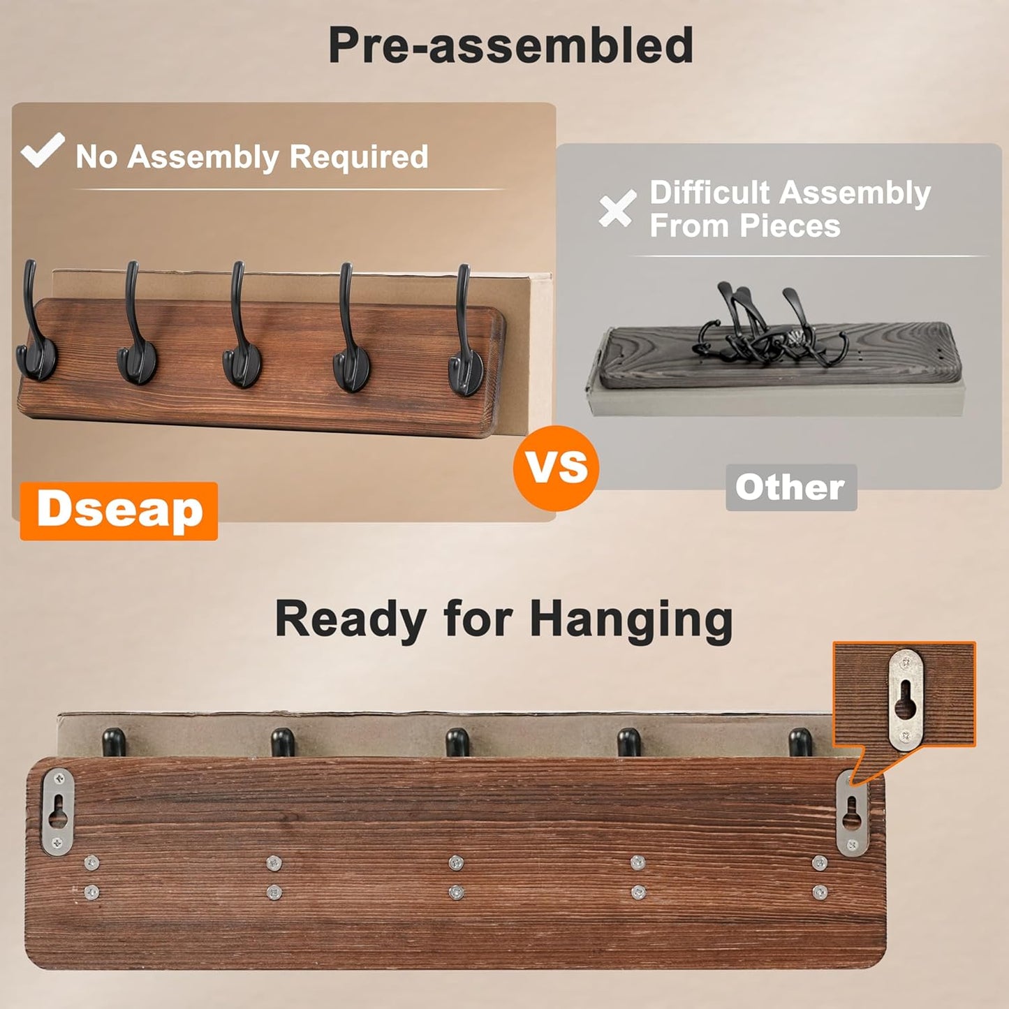 Dseap Coat Rack Wall: Patented, Heavy-Duty, 5-Double-Hooks Wooden Wall Mounted Coat Rack Coat Hanger Hook Rail for Winter Coats Hat Jacket Clothing, Weathered Blue