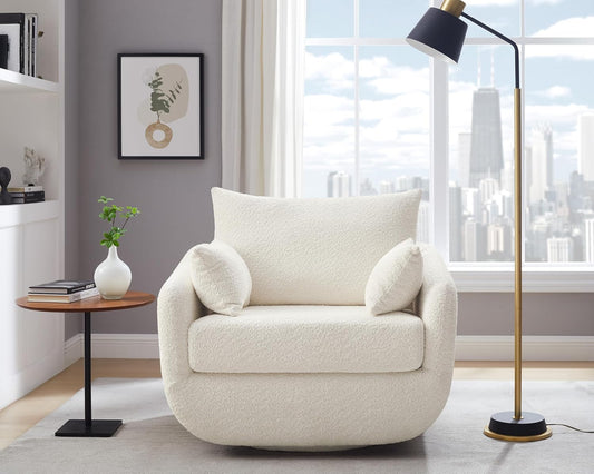 360° Swivel Accent Armchair, 39.3" Oversized, Sherpa Boucle Fabric Sofa Chair with Removable Back & Arm Pillows, Swivel Chair with Cozy Soft Padded, No Assembly Required (1, Cream White)