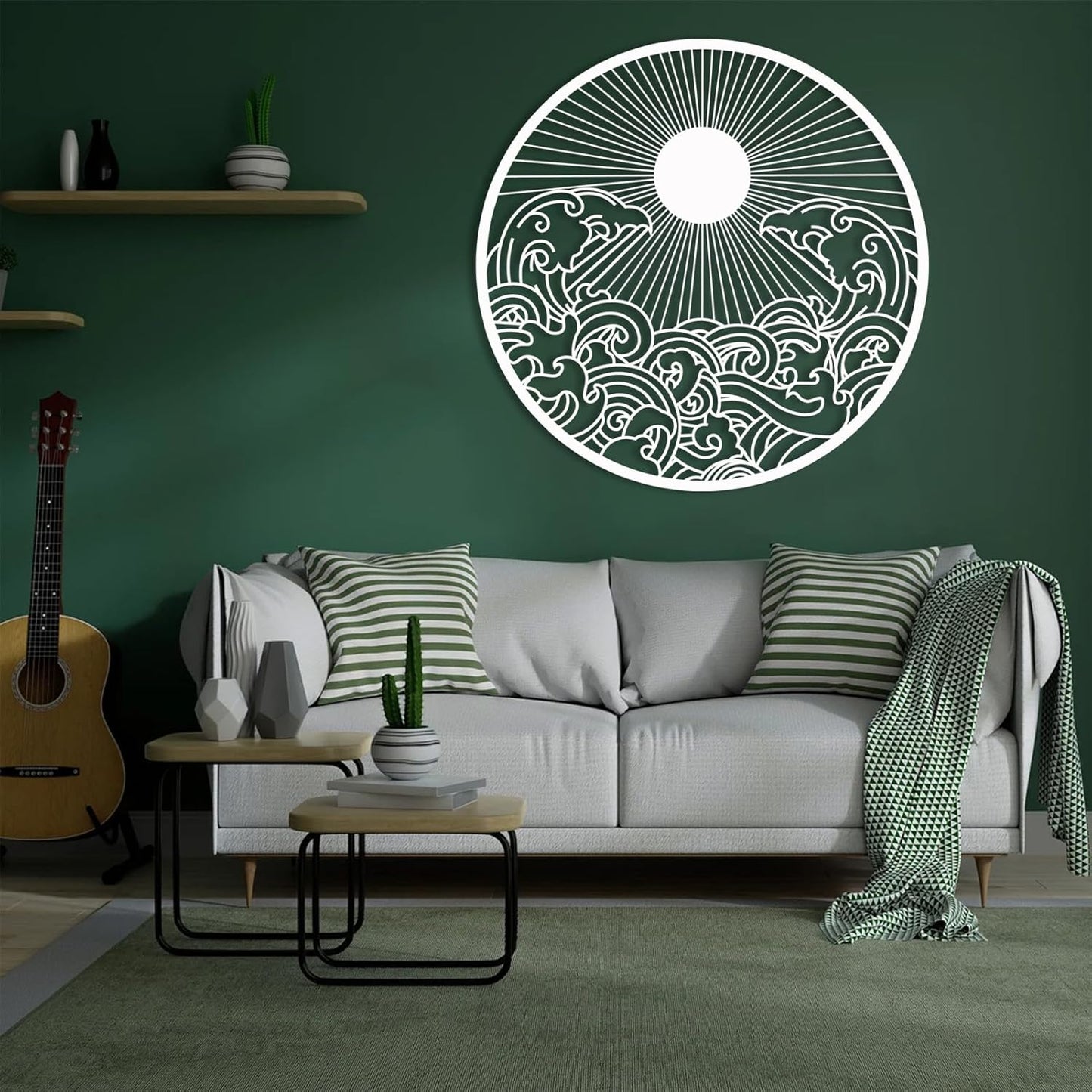 flyoak Metal Sun Wall Decor Outdoor, Sunrise Metal Wall Art, Metal Wave Wall Art, Sunrise and Wave Wall Decor, Sunburst Wall Art, Sunset Wall Art, Wall Hangings for Bedroom (White, 30x30in|76x76cm)