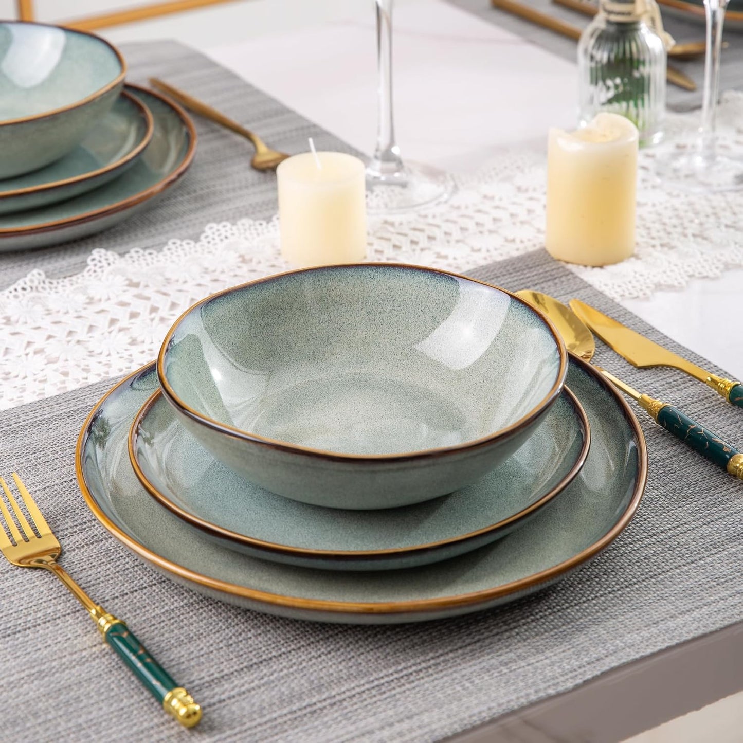 AmorArc Ceramic Dinnerware Sets,Handmade Reactive Glaze stoneware Plates and Bowls Sets,Highly Chip and Crack Resistant | Dishwasher & Microwave Safe,Service for 4 (12pc)