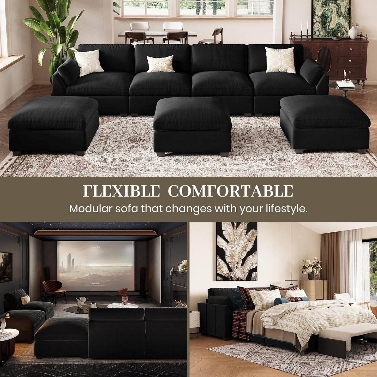 Belffin Extra Large Modular Sectional Sofa,106.3" 4-Seater L Shaped Couch,Velvet Convertible Sectional Couches for Living Room,Comfy Upholstered Modern Cloud Couch,Black Sofa