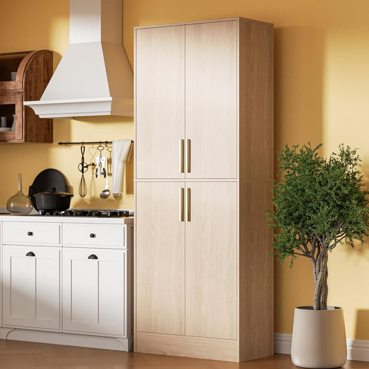 71" Tall Pantry Cabinet with 4 Doors, Kitchen Pantry Storage Cabinet, Freestanding Larder Cupboard, Utility Kitchen Hutch with Gold Handles for Dining Room, Bathroom, Oak