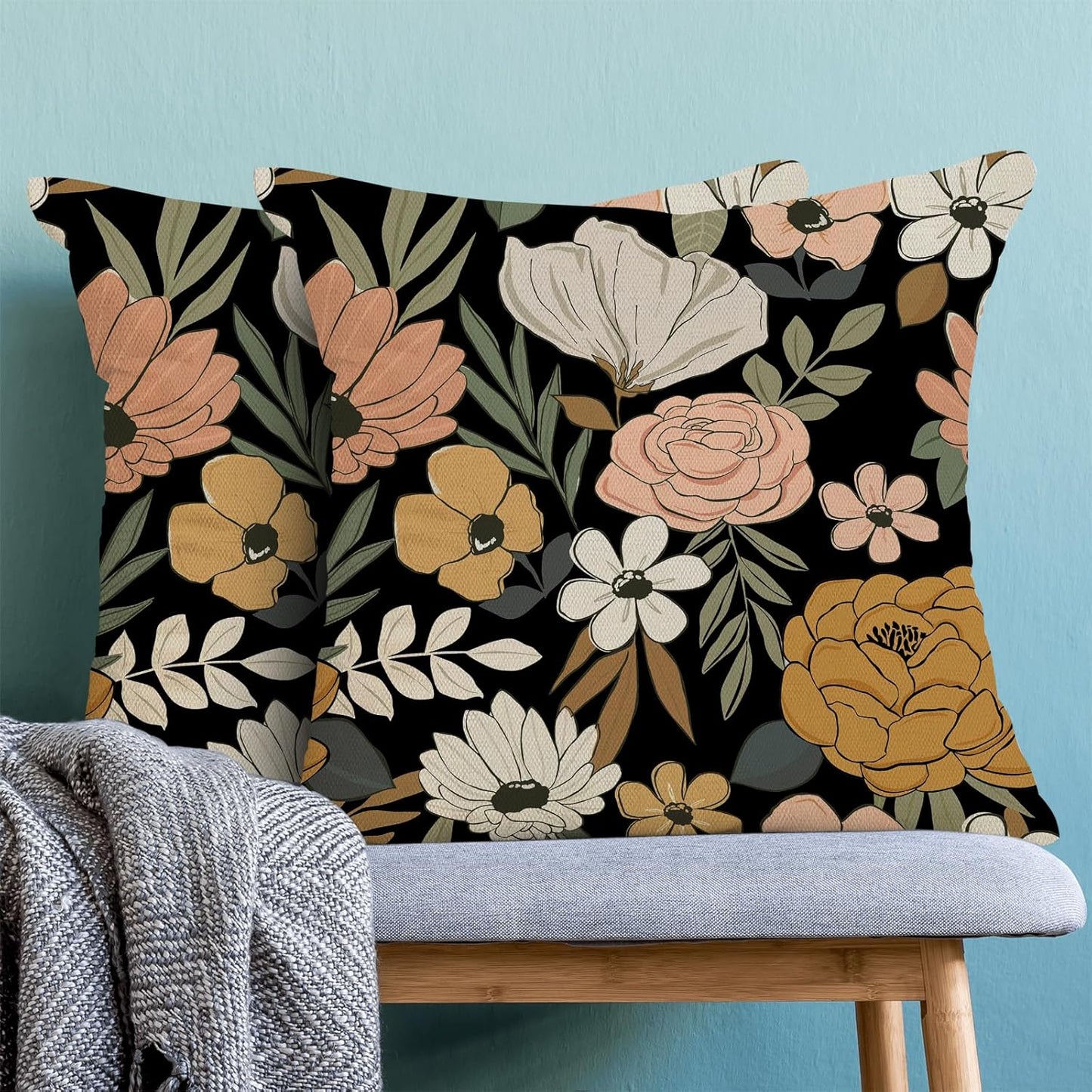 CXMEIFLY Spring Floral Pillow Covers 16 x 16 Inch Set of 2 for Vintage Pink Mustard Yellow Cream Flowers Decor Throw Pillows Plant Black Outdoor Decorative Cushion Cases for Couch Bed Decorations