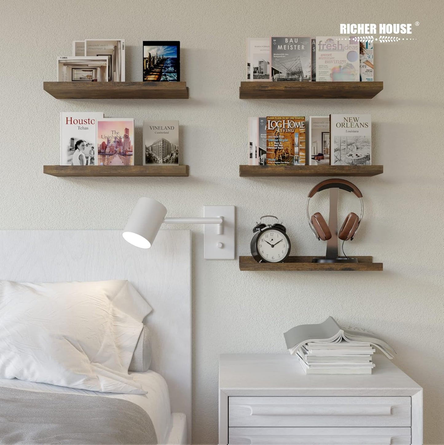 RICHER HOUSE 5 Set Floating Shelves for Wall Decor, Wall Mounted Book Shelf, Nursery Shelves Picture Ledge Shelf with Lip for Wall Storage, Bedroom, Living Room, Bathroom - Brown