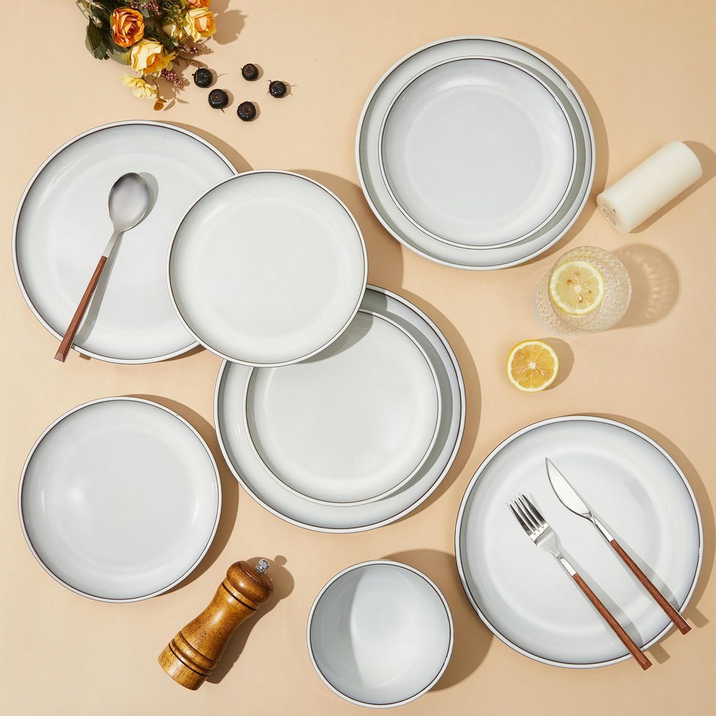 Santorini Mist Terracotta Reactive Glaze Plates and Bowls Sets, Stoneware Dinnerware Sets, Microwave and Dishwasher Safe Ceramic Dish Set Service for 4, Moonstone White
