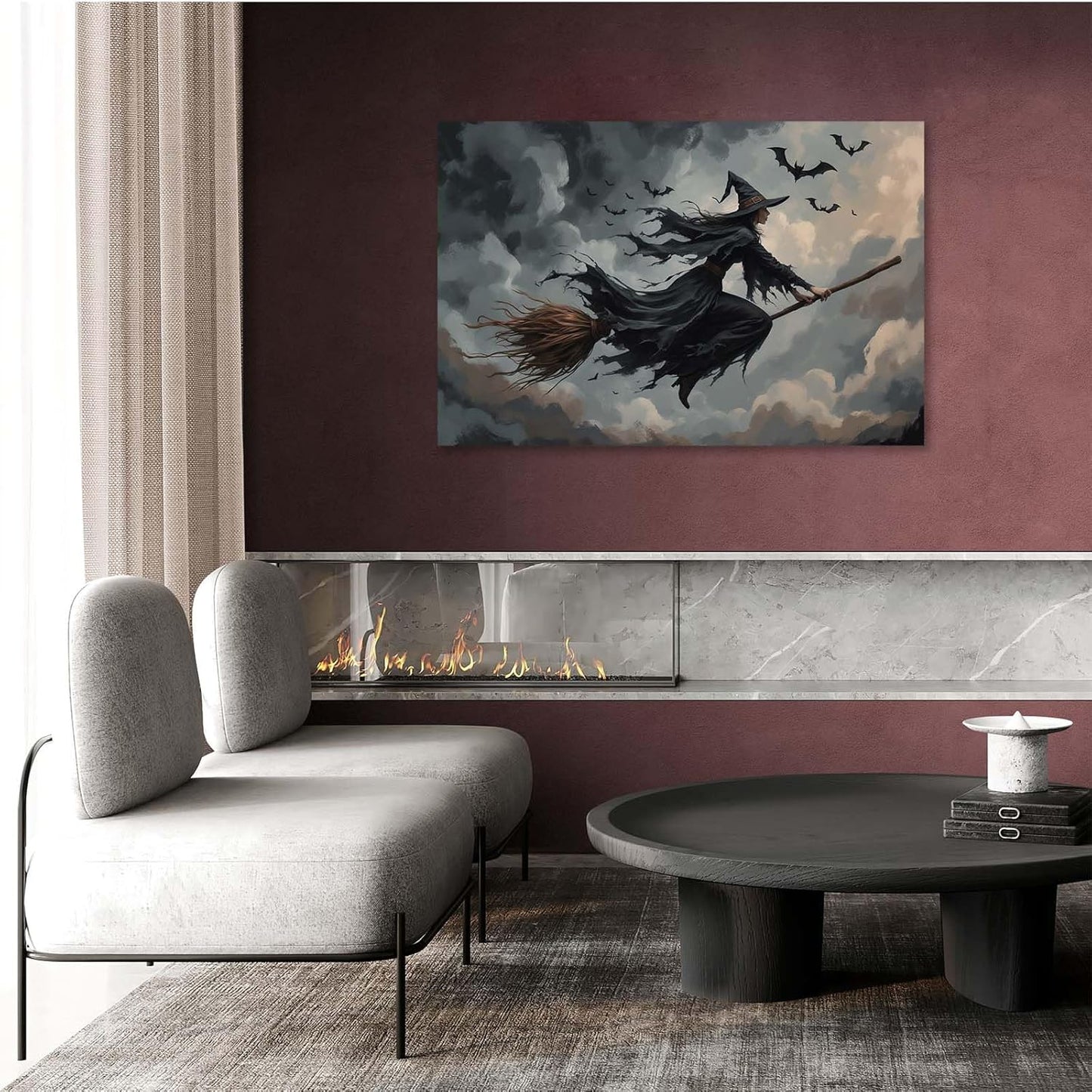 JFHCQJPK Witch and bat flying Halloween poster suitable for home party wall decoration retro Halloween preppy style wall art canvas print suitable for room decoration20x30in Frameless