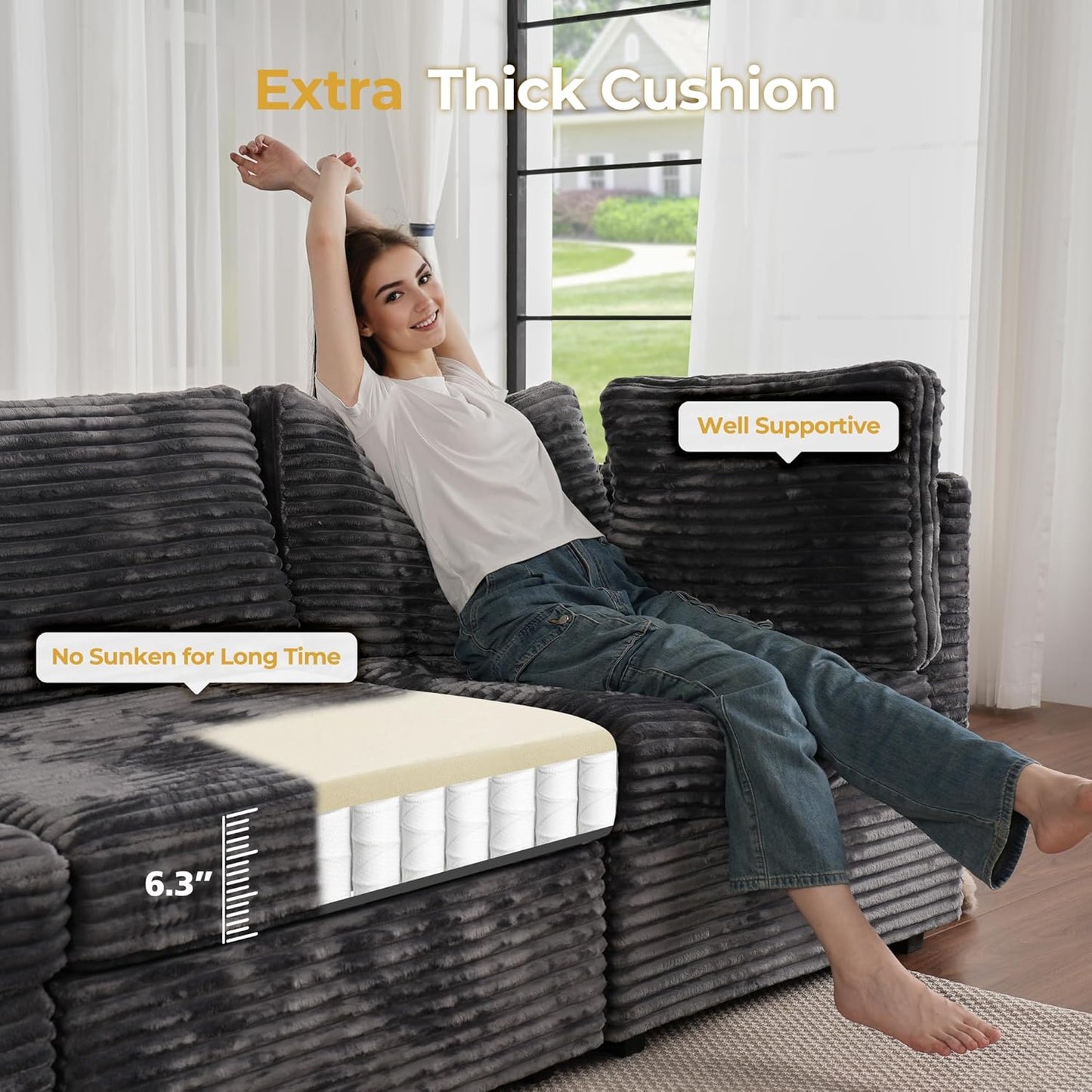 HOOOWOOO Modular Sectional Sofa,5 Pieces Sectional Couches for Living Room,98X66 L Shaped Cloud Couch with Ottoman Chaise Set(Grey Velvet Corduroy)