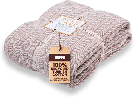 Gold Case Throw Blanket for Bed – 100% Recycled Turkish Cotton Bed Blanket – Decorative Throw Cotton Blankets for Living Room & Bedroom – Woven Twin Blankets – Vintage Beige – 71x90