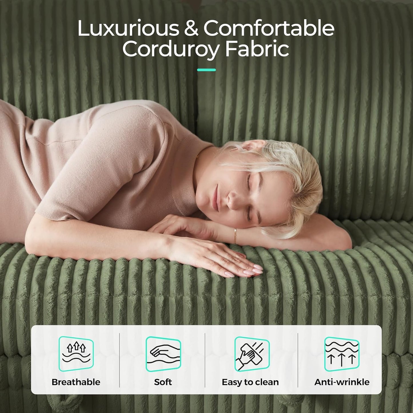 LINSY HOME Sectional Sleeper Sofa with Pull Out Couch Bed - Convertible Plush Corduroy Cloud Couch with Storage Chaise & USB Charging, Comfy L Shaped Modular Couches for Living Room Apartment, Green