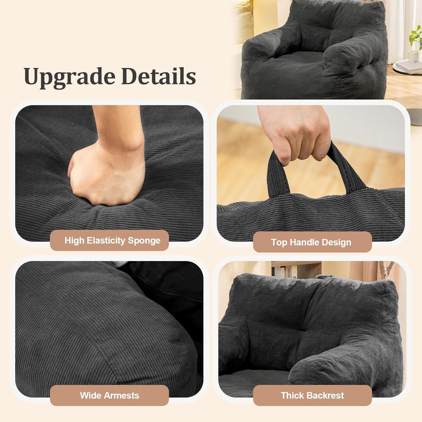 Bean Bag Chairs for Adults Ergonomic Support Reading Floor Sofa Chair with Filler Spacious (Grey) (Large)