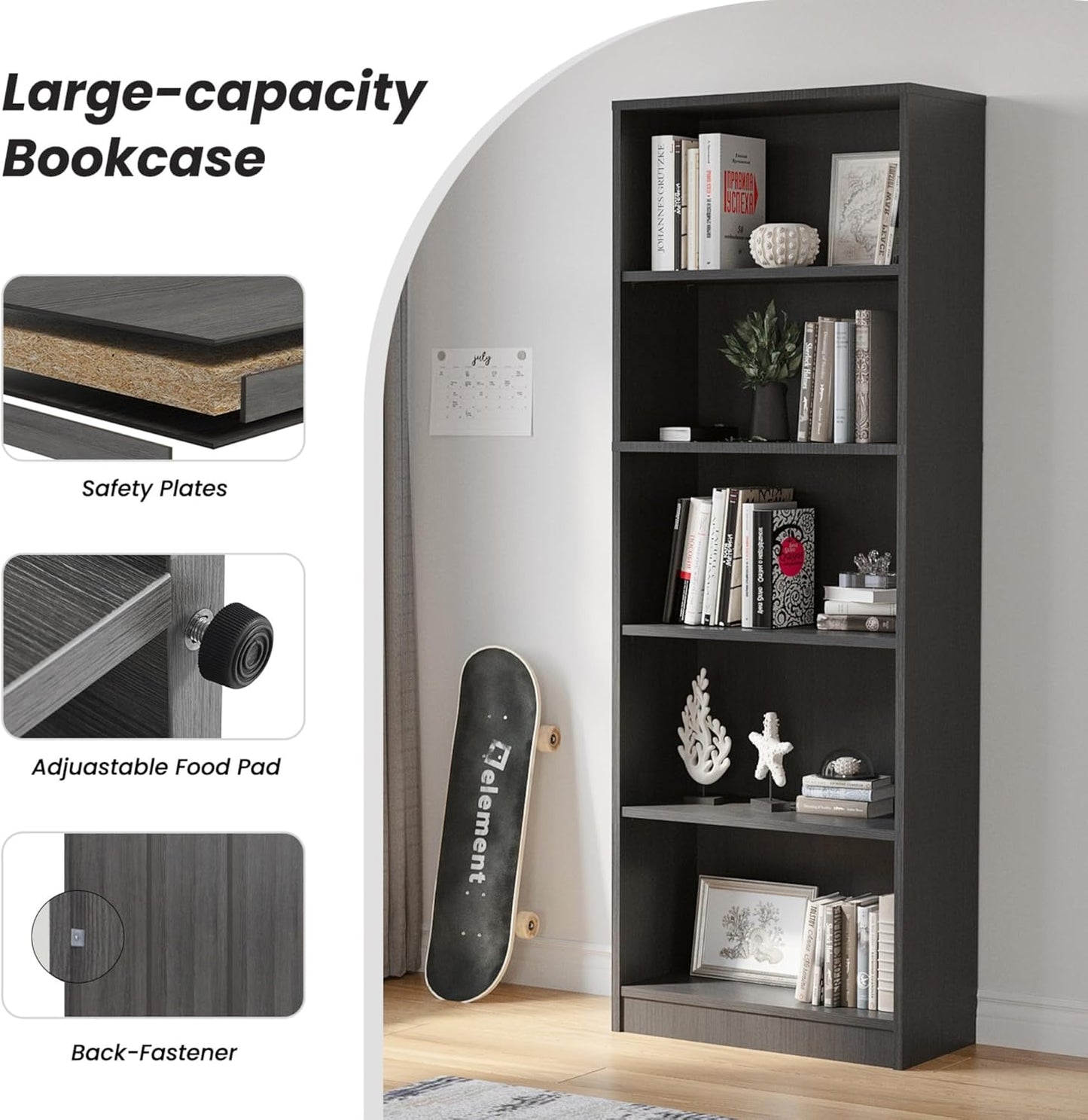 Bookshelf, Open Modern Bookshelf, 5 Shelf Bookcase with Freestanding Display Storage, Wooden Book Shelf for Bedroom, Living Room, Dinning Room, Office, Dray