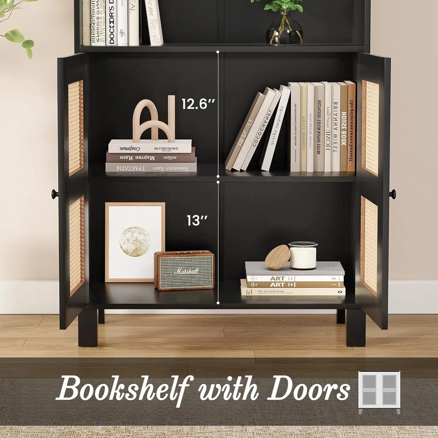 Tall Bookshelf, 5-Tier Book Shelf with 2 Rattan Doors, Freestanding Bookcase Display Shelves with Large Storage, Book Case for Living Room, Office, Study, Bedroom, 70.9 Inch