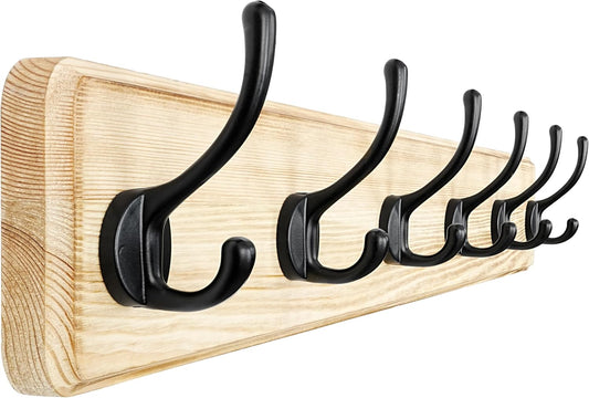 Dseap Coat Rack Wall: 24" Long, Patented, Heavy-Duty, 6-Double-Hooks Wooden Wall Mounted Coat Rack Coat Hanger Hook Rail for Winter Coats Hat Jacket Clothing, Light Brown