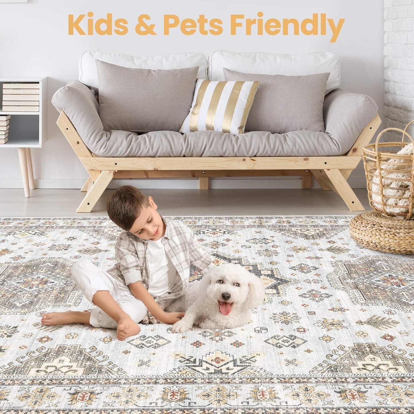 Washable Area Rugs for Living Room -9x12 Neutral Vintage Distressed Floral Farmhouse Boho Large Soft Floor Rug Indoor Non Slip Carpet for Living Room Bedroom Dining Room Office - Blue Brown